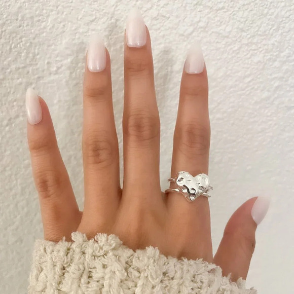 925 Sterling Silver Textured Foil Heart Ring Geometric Ring Silver Heart Ring - Picture 3 of 7